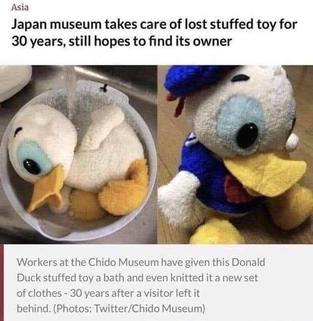 fun randoms - cool stuff - japanese museum donald duck - Asia Japan museum takes care of lost stuffed toy for 30 years, still hopes to find its owner Workers at the Chido Museum have given this Donald Duck stuffed toy a bath and even knitted it a new set 
