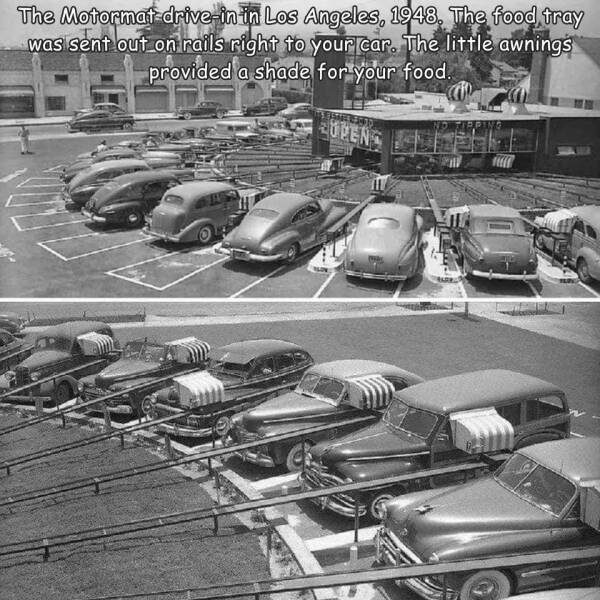 fun randoms - funny photos - motormat drive - The Motormat drivein in Los Angeles, 1948. The food tray was sent out on rails right to your car. The little awnings provided a shade for your food. Zurens