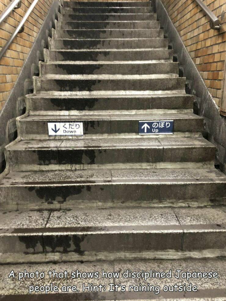 random pics - stairs - Down Up A photo that shows how disciplined Japanese people are. Hint It's raining outside