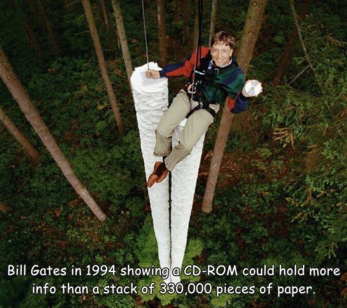 random pics - bill gates cd rom paper - Bill Gates in 1994 showing a CdRom could hold more info than a stack of 330,000 pieces of paper.