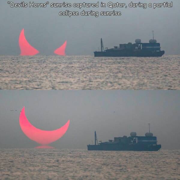 daily dose of randoms -  Devil - "Devils Horns" sunrise captured in Qatar, during a partial eclipse during sunrise