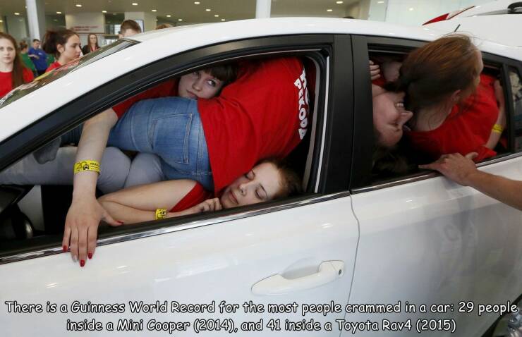 cool pics - vehicle door - Prekoda There is a Guinness World Record for the most people crammed in a car 29 people inside a Mini Cooper 2014, and 41 inside a Toyota Rav4 2015