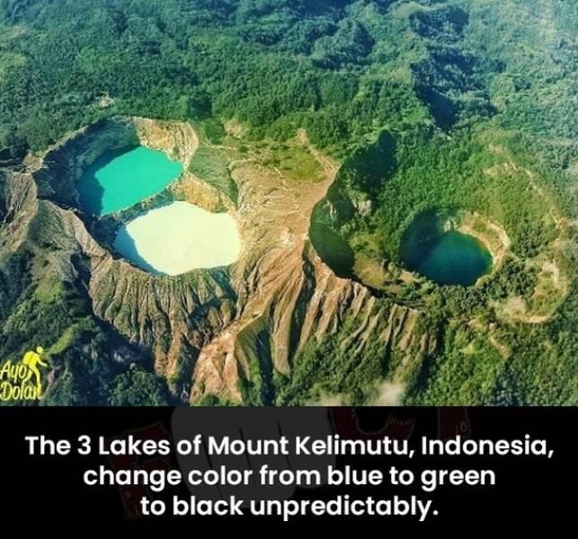 indonesia 3 color lake - Ayo Dolan The 3 Lakes of Mount Kelimutu, Indonesia, change color from blue to green to black unpredictably.