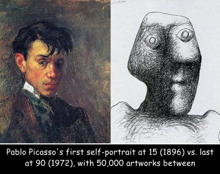funny pics and memes  - head - Pablo Picasso's first selfportrait at 15 1896 vs. last at 90 1972, with 50,000 artworks between