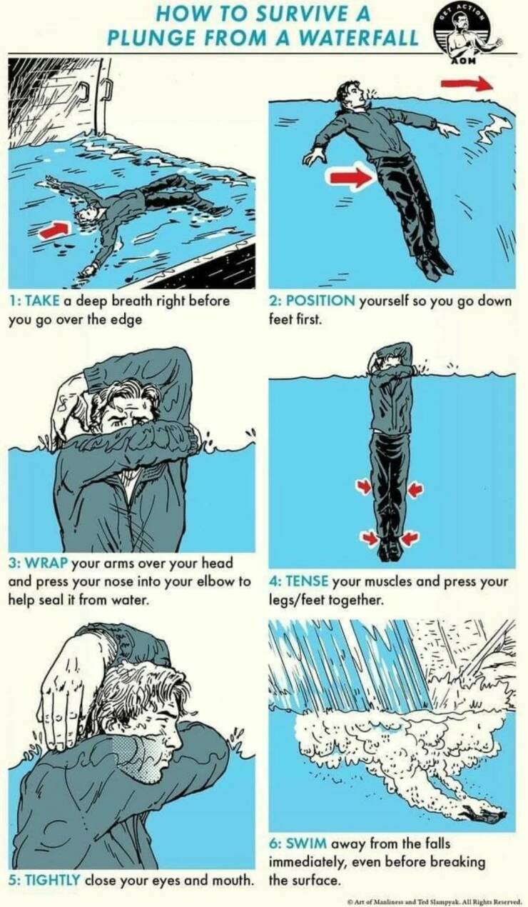 funny and cool pics - survive an avalanche - How To Survive A Plunge From A Waterfall 3 Wrap your arms over your head and press your nose into your elbow to help seal it from water. Get 1 Take a deep breath right before 2 Position yourself so you go down 