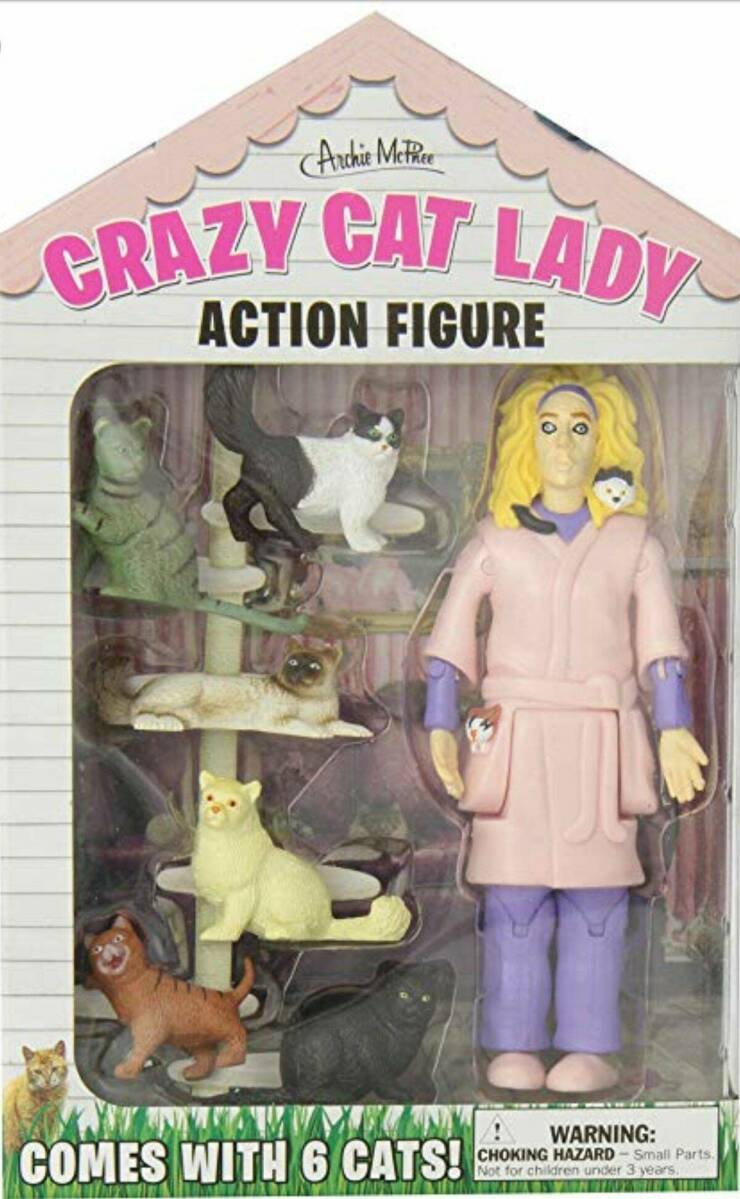 funy filled photos - crazy cat lady action figure - Archie Mee Crazy Cat Lady Action Figure Yakiny Warning Comes With 6 Cats! Choking HazardSmall Parts. Not for children under 3 years.