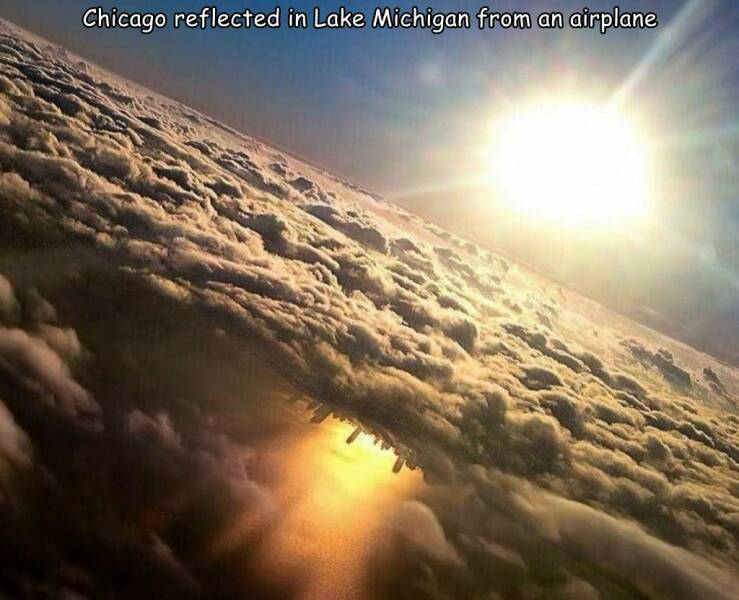 cool random pcis - chicago reflected in lake michigan from an airplane - Chicago reflected in Lake Michigan from an airplane