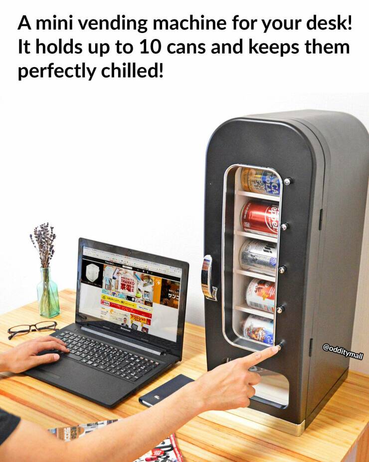 cool random pics - mini desk vending machine - A mini vending machine for your desk! It holds up to 10 cans and keeps them perfectly chilled! Iccee Third Thanko Tur Per While