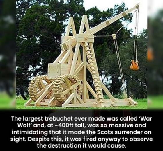 monday morning randomness - catapults and trebuchets - M Kkkk The largest trebuchet ever made was called 'War Wolf' and, at ~400ft tall, was so massive and intimidating that it made the Scots surrender on sight. Despite this, it was fired anyway to observ