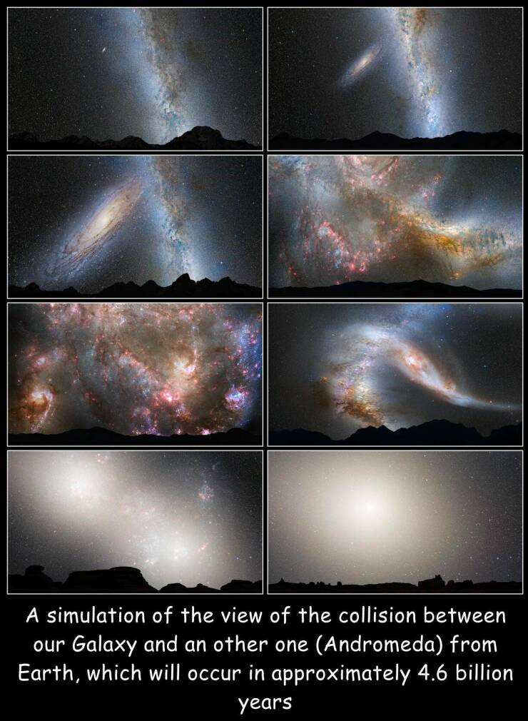 monday morning randomness - A simulation of the view of the collision between our Galaxy and an other one Andromeda from Earth, which will occur in approximately 4.6 billion years