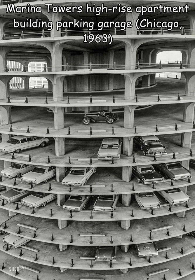 cool pics - chicago 1963 - Marina Towers highrise apartment building parking garage Chicago, 1963 Shorpy Bil Fict