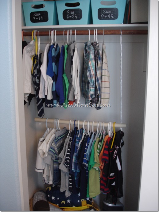 Using PVC pipe and some rope you can easily add a second clothing bar to you closet. Perfect for small apartments or if you have little kids that can't quite reach the top bar. Another idea would be to use a spring-loaded shower curtain rod allowing you to adjust the height as needed