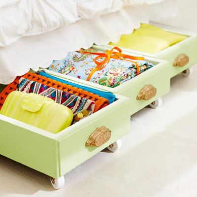 Recycle drawers by adding some wheels and use for under-the-bed rolling storage.