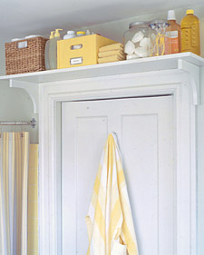 Install a shelf above the door for extra bathroom storage. This would also be great in the garage, bedroom, or even storing items in a toddlers room that you need to be out of your child's reach.