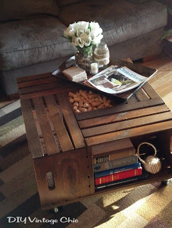Use crates to make a coffee table with lots of storage. Just attach the crates to a large board and add casters.