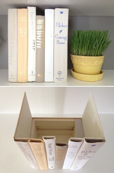Glue old book spines to a box for hidden storage. Leave the front cover on one of the books and the back cover on another to use as the sides of your box. This would be perfect for spare remotes, cables, router, or anything else you wish to keep out of site but accessible.