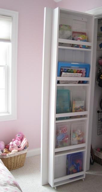 Add shelving to the inside of closet doors to organize books and games. This would also be perfect in the pantry for spices and boxed items.