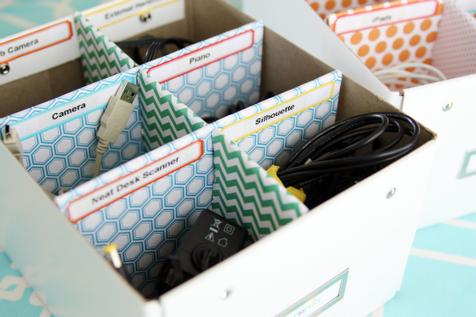 Add dividers to any box to organize cords and chargers. Include labels so that you know what each cord is for then put the lid on and place the box on a book shelf or someplace that is easy to reach.