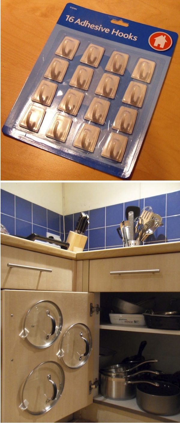 Use adhesive hooks to hang lids on the back side of the cupboard door. No more digging around in the back of the cupboard to find the lid you need.