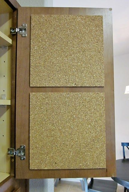 Hang cork board to the inside of kitchen cupboards to keep track of all your important notes.