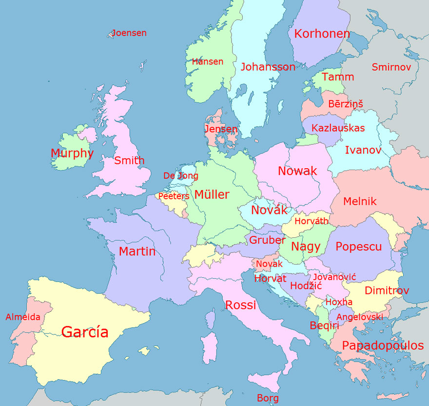 Map of the Most Common Surnames in Europe