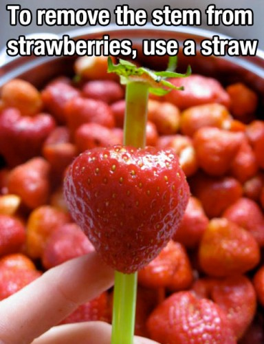 Use a straw to remove the leaves off strawberries.