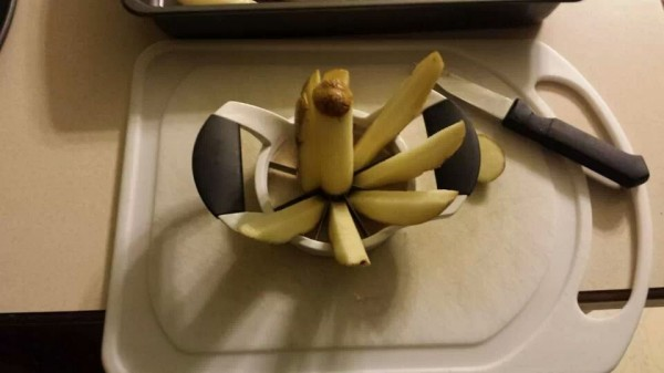 Cut potatoes with an apple corer, for easy wedges.