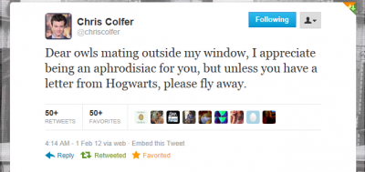 chris brown grammy tweet - Chris Colfer ing Be chriscoller Dear owls mating outside my window, I appreciate being an aphrodisiac for you, but unless you have a letter from Hogwarts, please fly away. 50 50 1 Feb 12 via web Embed this Tweet tz Retweeted Fav