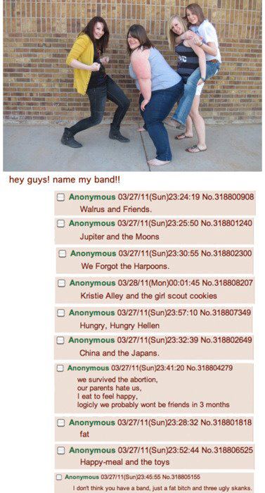 name my band 4chan - hey guys! name my band!! Anonymous 032711Sun19 No. 318800908 Walrus and Friends. Anonymous 032717Sun50 No.318801240 Jupiter and the Moons Anonymous 032711Sun55 No.318802300 We Forgot the Harpoons. Anonymous 032811Mon45 No. 318808207 K