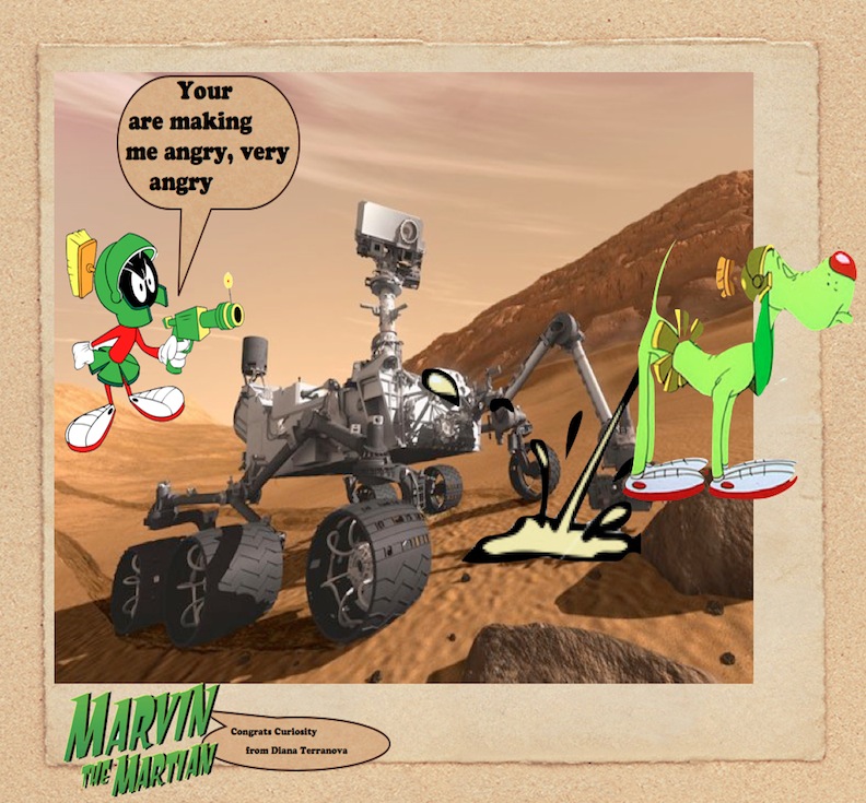 We realize dogs on Mars are like dogs on Earth, they want to pee on tires. Marvin the Martian is very very angry at this.