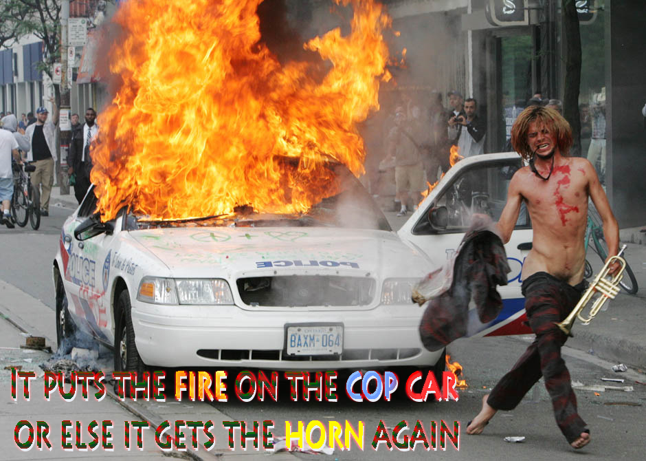 It puts the fire on the cop car or else it gets the horn again.