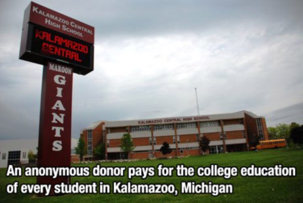 signage - Kalamazoo Central High School Kalamrzod Central Maroon G Central Mon School zu An anonymous donor pays for the college education of every student in Kalamazoo, Michigan