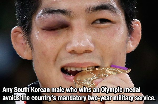 wrestling black eye - Any South Korean male who wins an Olympic medal avoids the country's mandatory twoyear military service.