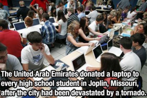 Education - The United Arab Emirates donated a laptop to every high school student in Joplin, Missouri, after the city had been devastated by a tornado.