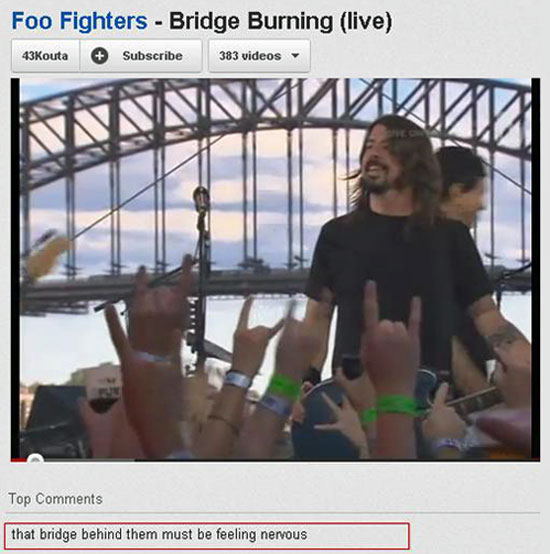 youtube comment sydney harbour bridge - Foo Fighters Bridge Burning live 43Kouta Subscribe 383 videos Top that bridge behind them must be feeling nervous