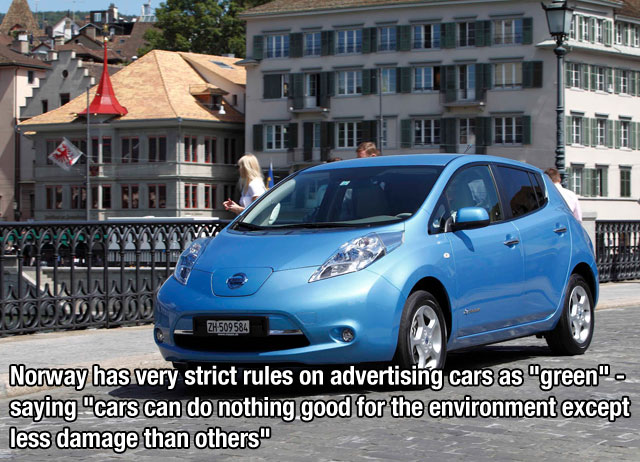 zürich - Norway has very strict rules on advertising cars as "green". saying "cars can do nothing good for the environment except less damage than others."