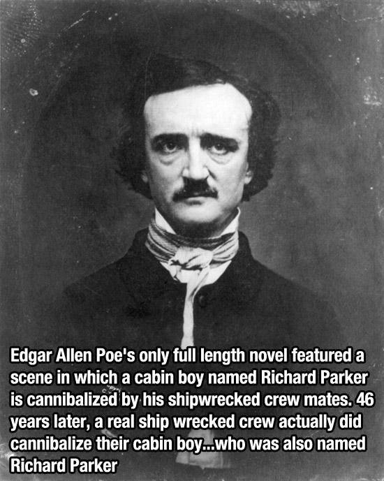 Edgar Allen Poe's only full length novel featured a scene in which a cabin boy named Richard Parker is cannibalized by his shipwrecked crew mates. 46 years later, a real ship wrecked crew actually did cannibalize their cabin boy...who was also named…