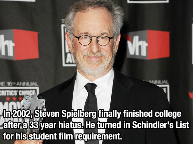 socialite - E 16 Annual Voa Britics Cinci In 2002, Steven Spielberg finally finished college after a 33 year hiatus. He turned in Schindler's List for his student film requirement.