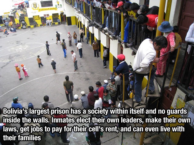 Cancha Bolivia's largest prison has a society within itself and no guards inside the walls. Inmates elect their own leaders, make their own laws, get jobs to pay for their cell's rent, and can even live with their families