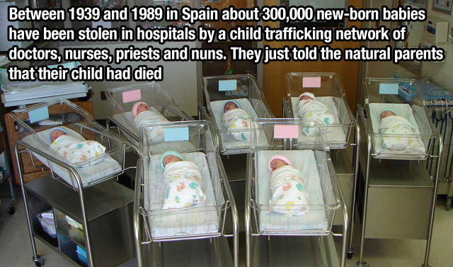babies in the nursery - Between 1939 and 1989 in Spain about 300,000 newborn babies have been stolen in hospitals by a child trafficking network of doctors, nurses, priests and nuns. They just told the natural parents that their child had died