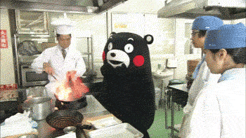 gifs - bear costume in a restaurant kitchen