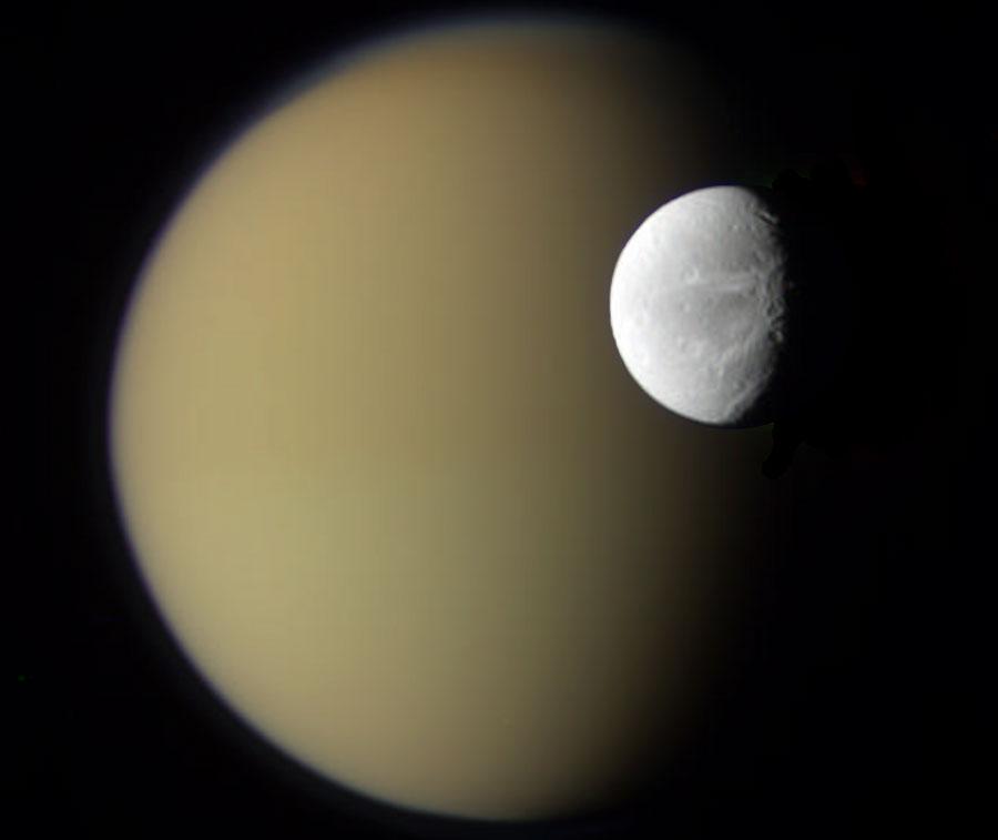 Saturn's Moons Dione and Titan from Cassini