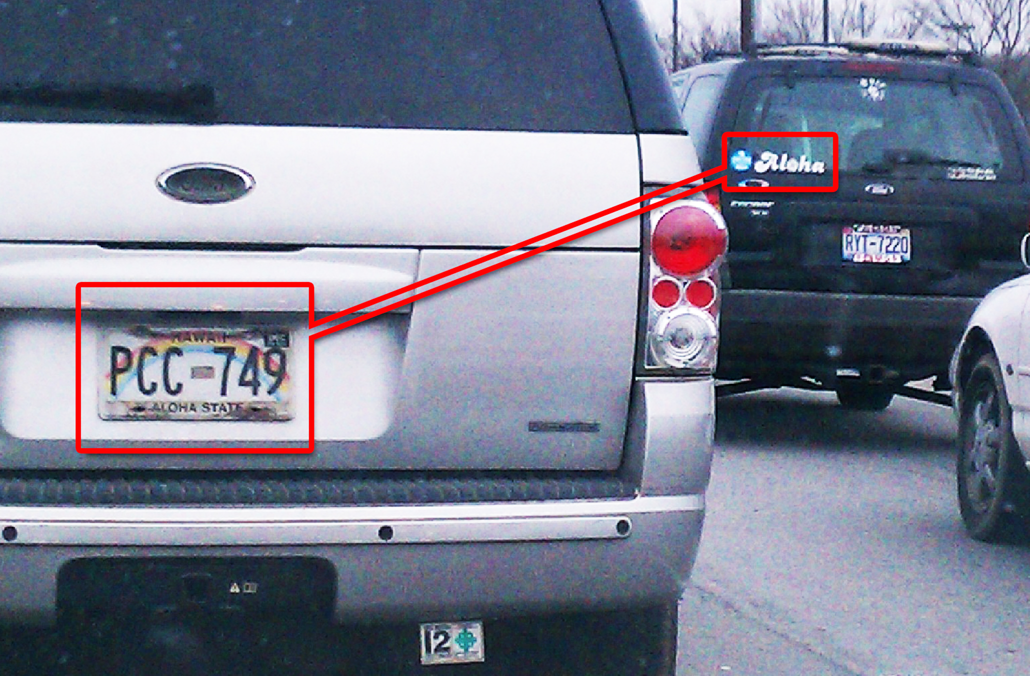 Hawaii plate and an aloha sticker on different cars in North Carolina. Over 4000 miles from Hawaii