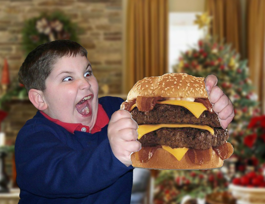 Fat kid chowing down on a Big Kahuna Burger