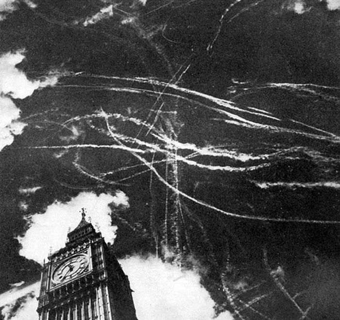 The London sky following a bombing and dogfight between British and German planes in 1940.