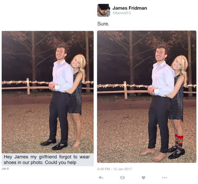 james fridman photoshop troll - James Fridman fjamie013 Sure. Hey James my girlfriend forgot to wear shoes in our photo. Could you help Jan 6