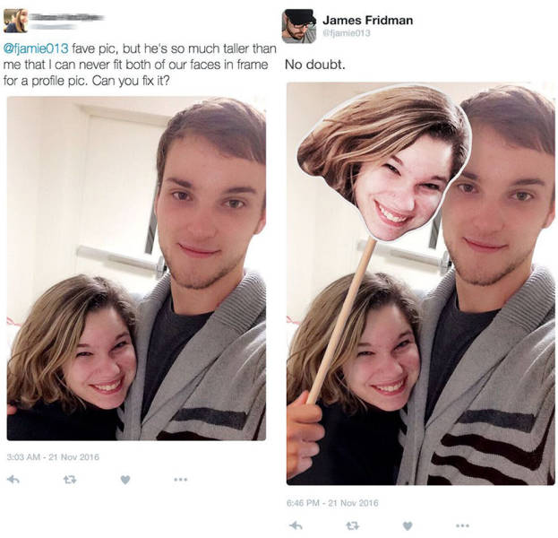 james fridman photoshop - James Fridman jamie013 fave pic, but he's so much taller than me that I can never fit both of our faces in frame No doubt. for a profile pic. Can you fix it?