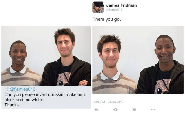 james fridman photoshop - James Fridman fjamie013 There you go. Hi Can you please invert our skin, make him black and me white. Thanks