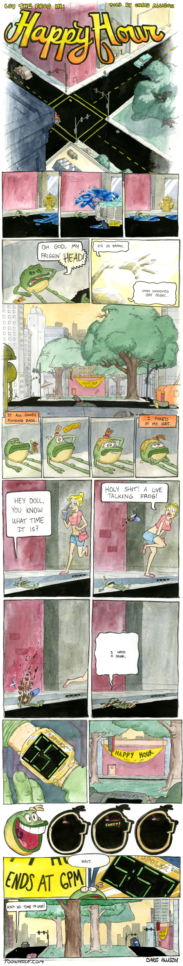 Lou is a drunk frog. Here is his first adventure. Gonna update every Tuesday and Thursday, so check my profile or something on those days. Thanks for lookin, folks