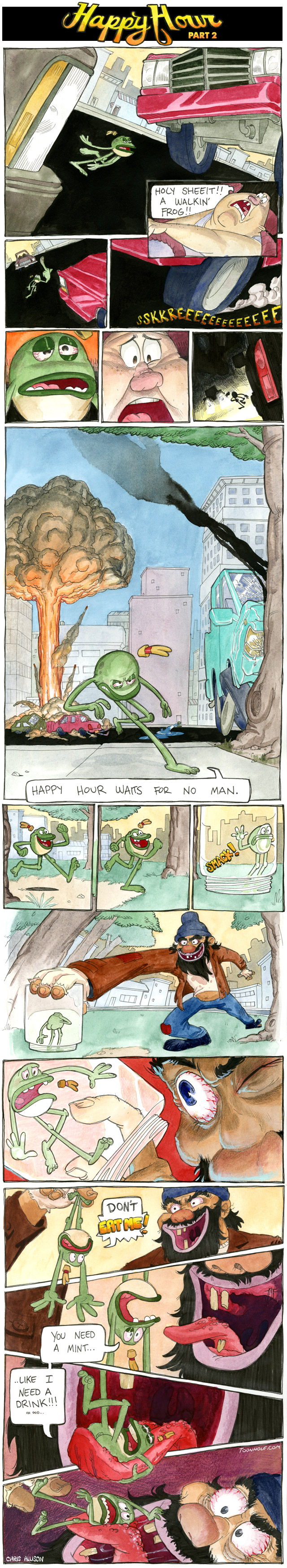 Lou the Drunk Frog crosses the street and then is on his way to the bar when...  Updated every Tuesday and Thursday on Toonhole.com, but I'll try to make sure to get it up on ebaums for you folks. : 